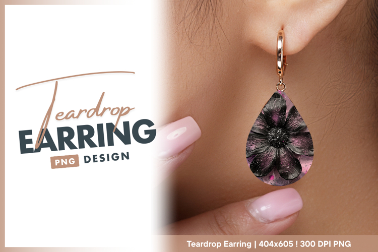 Black floral art with pink splatter Teardrop Earring