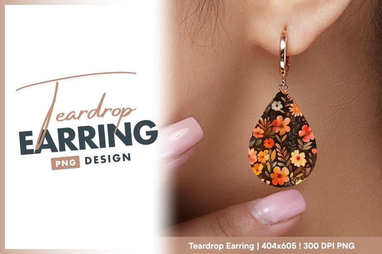 Watercolor Fall Floral Pattern Teardrop Earring Png