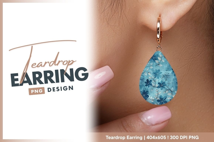 Teardrop shape with blue floral ornament Teardrop Earring