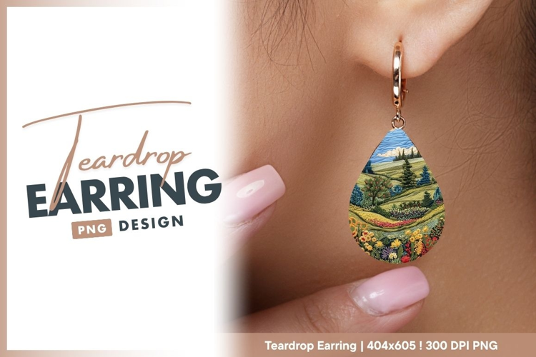 Embroidered quilt landscape scenic floral teardrop earring