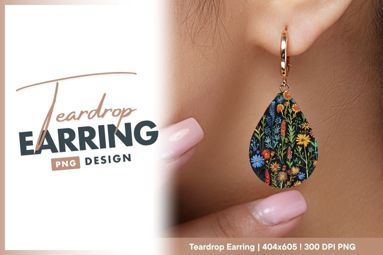 Colorful floral embroidery pattern on teardrop earring
