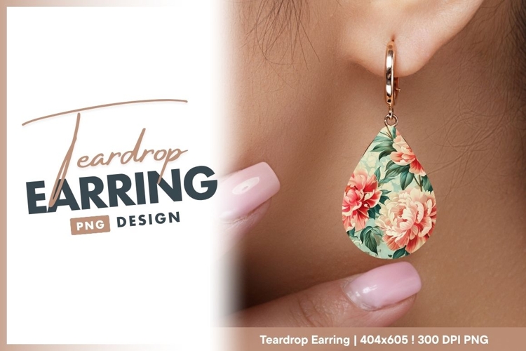 Watercolor peonies pattern on teal teardrop earring