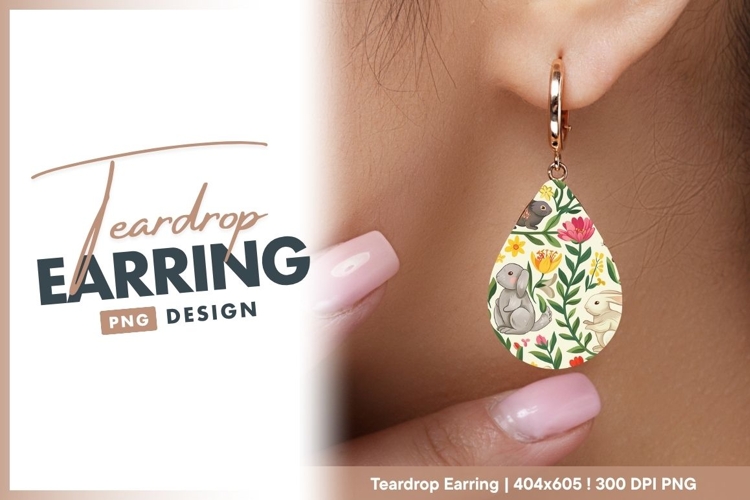 Whimsical rabbit and floral pattern teardrop earring png