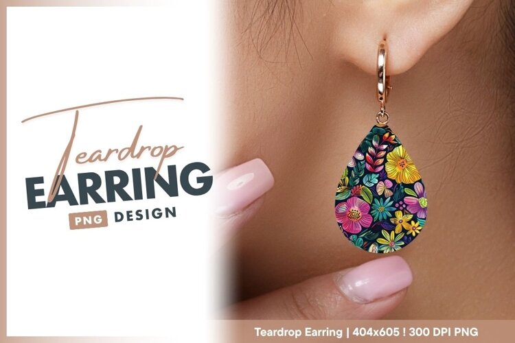 Vibrant floral pattern on dark teardrop earring example image 1