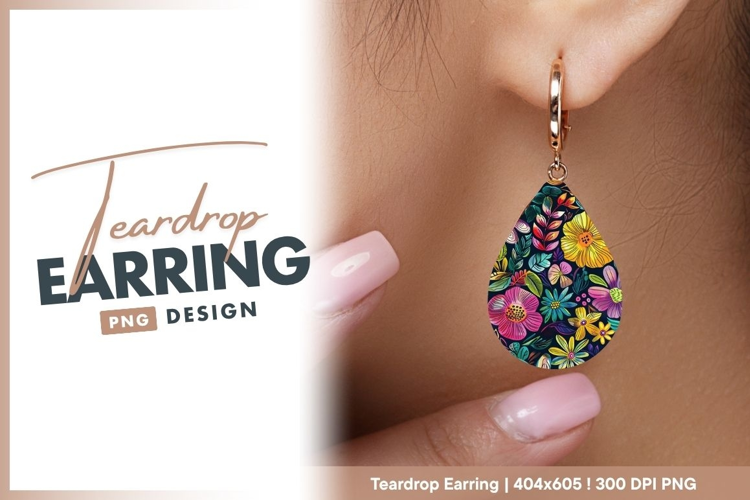 Vibrant floral pattern on dark teardrop earring