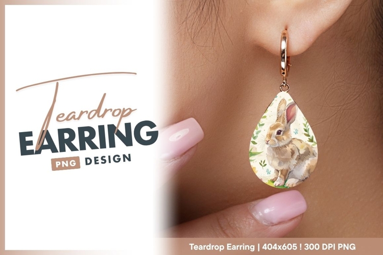 Watercolor rabbit with floral easter teardrop earring