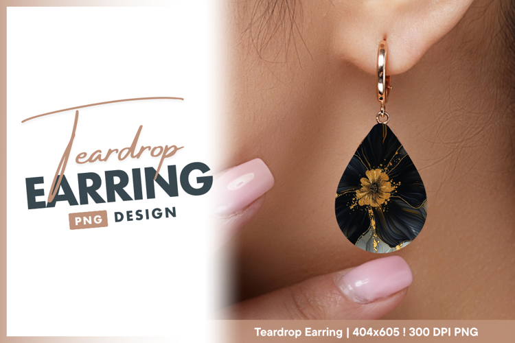 Black floral with golden accents art Teardrop Earring