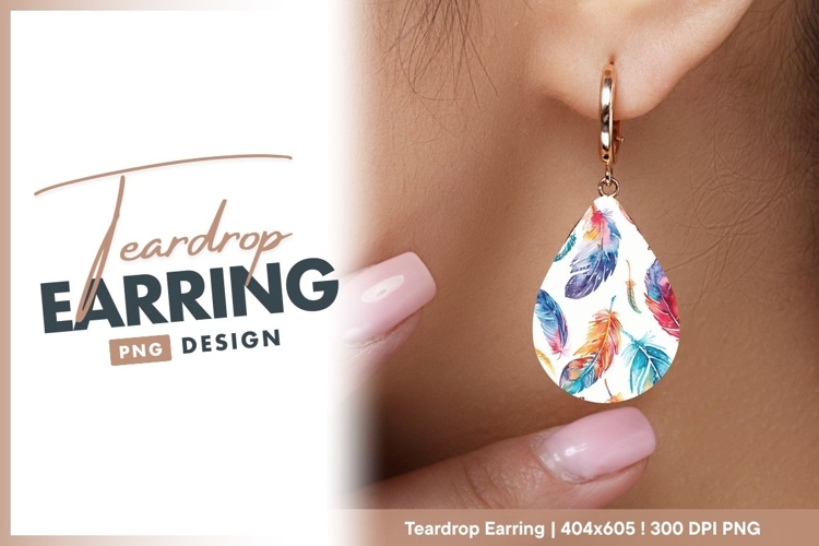 Watercolor Feathers Pattern in Blue Orange teardrop earring