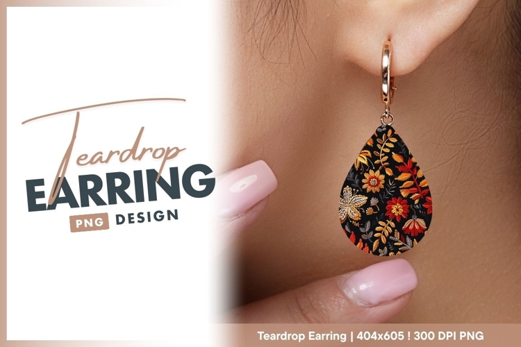 Embroidered Floral Pattern in Autumnal teardrop earring