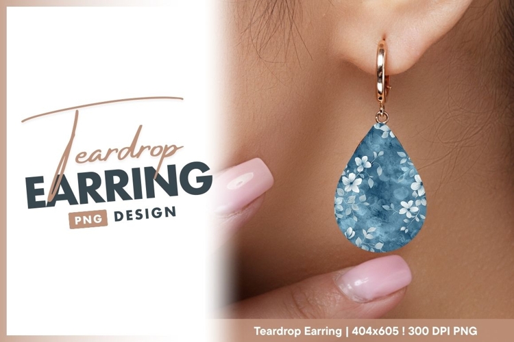 Blue Floral Pattern with White Flowers teardrop earring
