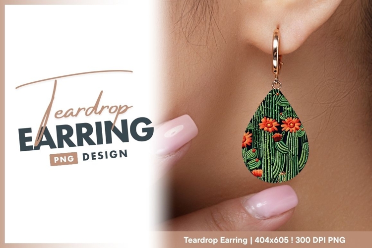 Embroidered Cactus and Orange Flowers teardrop earring
