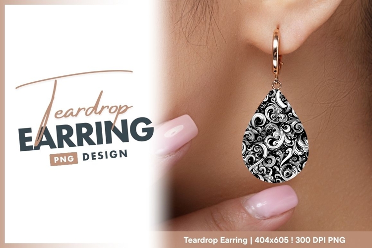 Black and White Swirls and Floral Pattern teardrop earring
