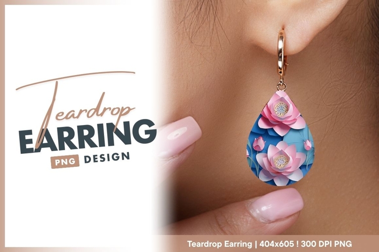 Paper Lotus Flowers with Blue Leaves teardrop earring