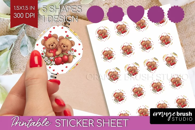 Teddy Bear Round Sticker - Valentine Printable Sticker Sheet