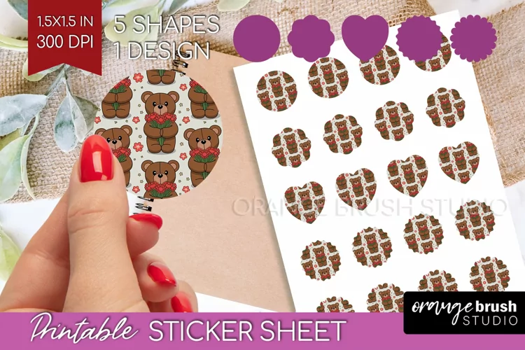 Teddy Bear Round Sticker - Valentine Printable Sticker Sheet