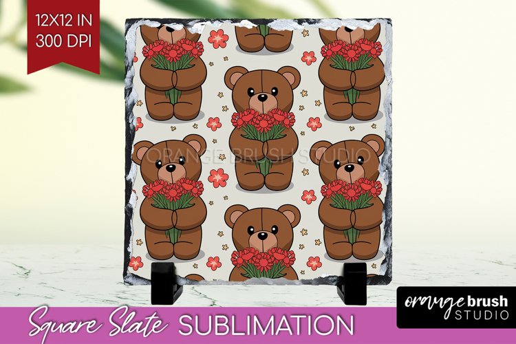 Teddy Bear Slate PNG - Valentine Square Slate Sublimation
