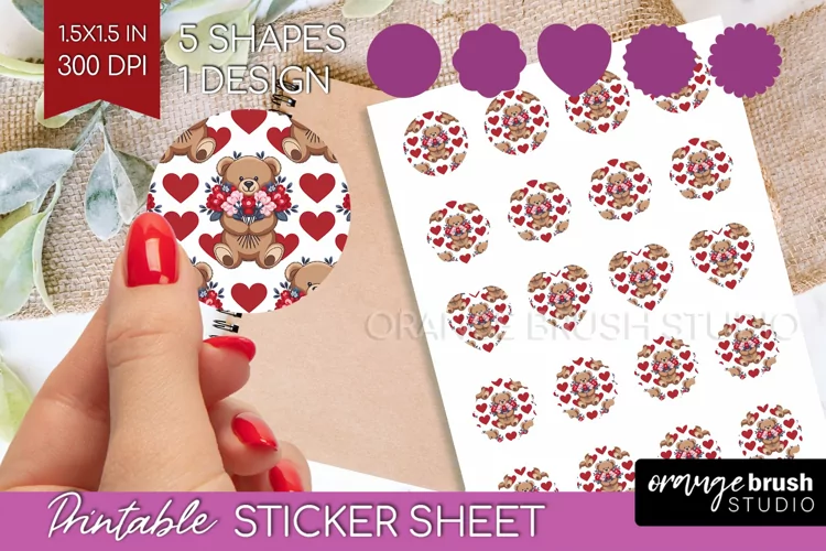 Teddy Bear Round Sticker - Valentine Printable Sticker Sheet