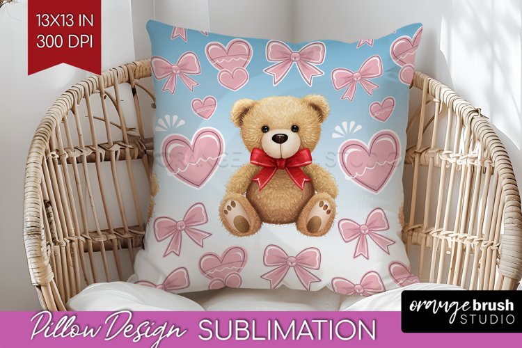 Teddy Bear Pillow Sublimation - Valentine Pillow Cover PNG