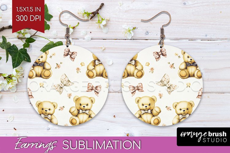 Teddy Bear Round Earrings - Valentine PNG Sublimation