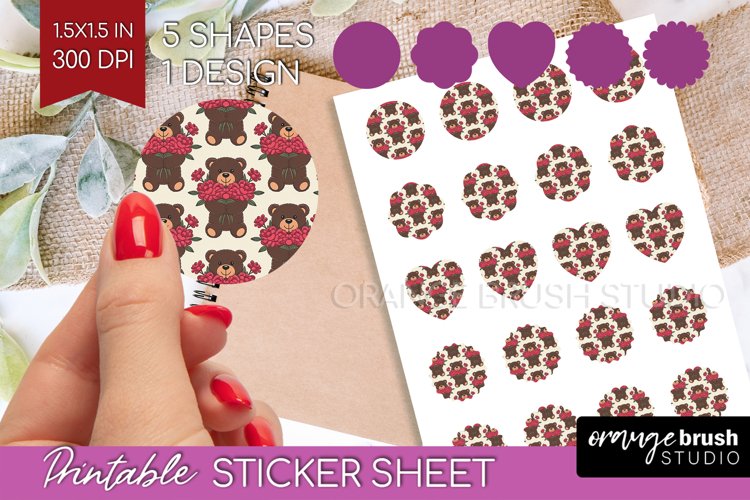 Teddy Bear Round Sticker - Valentine Printable Sticker Sheet example image 1