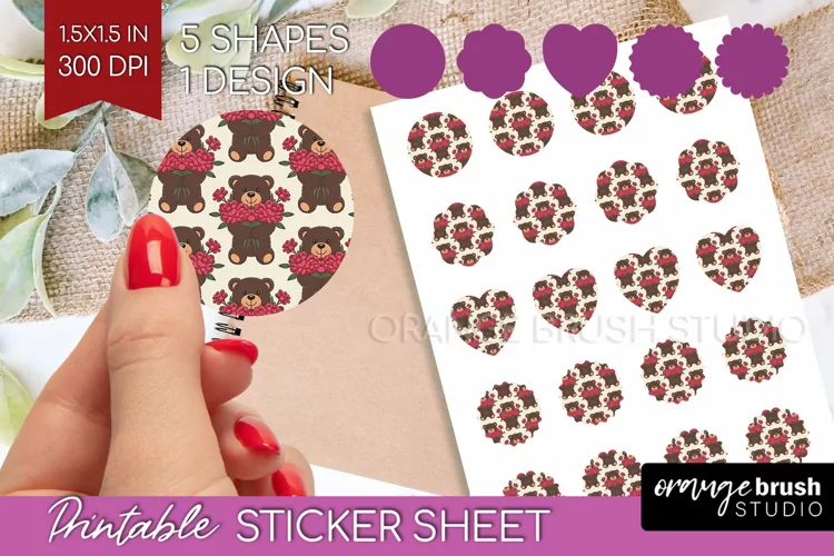 Teddy Bear Round Sticker - Valentine Printable Sticker Sheet