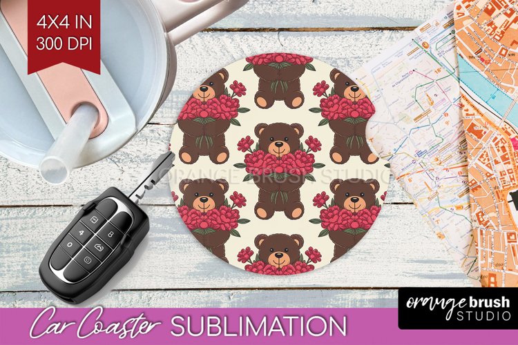 Teddy Bear Car Coaster - Valentine Coaster PNG Sublimation