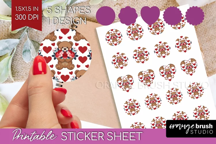 Teddy Bear Round Sticker - Valentine Printable Sticker Sheet