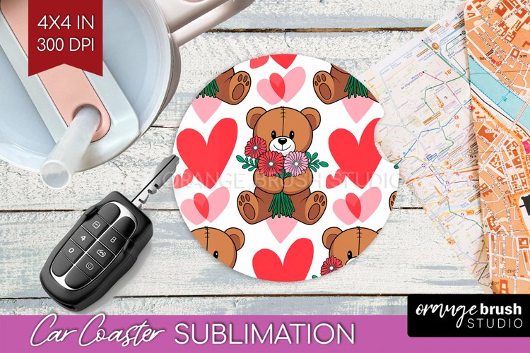 Teddy Bear Car Coaster - Valentine Coaster PNG Sublimation