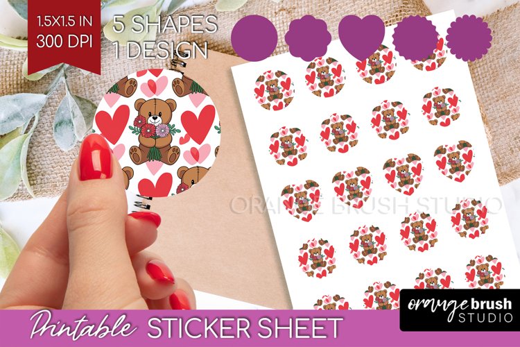 Teddy Bear Round Sticker - Valentine Printable Sticker Sheet example image 1