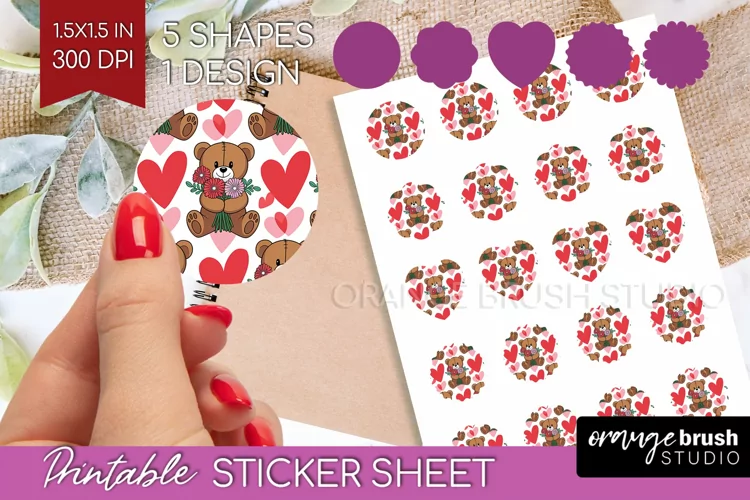 Teddy Bear Round Sticker - Valentine Printable Sticker Sheet