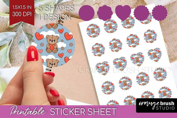 Teddy Bear Round Sticker - Valentine Printable Sticker Sheet