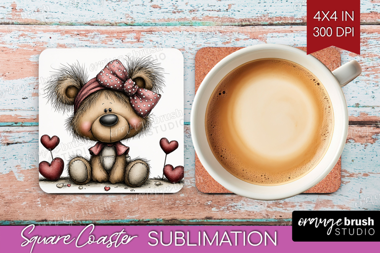 Teddy Bear Valentine Square Coaster Whimsical Animal Coaster