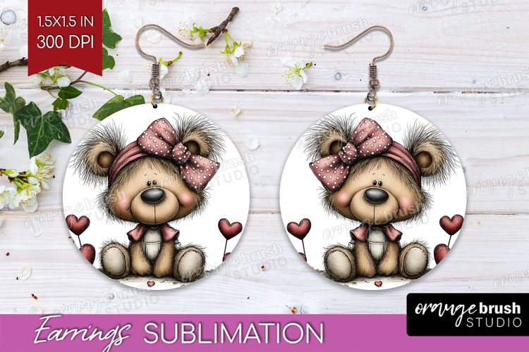 Teddy Bear Valentine Round Earrings Whimsical Animal PNG