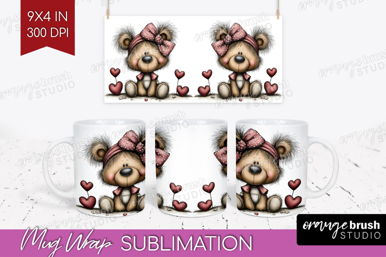 Teddy Bear Valentine Mug Wrap Whimsical Animal Mug PNG