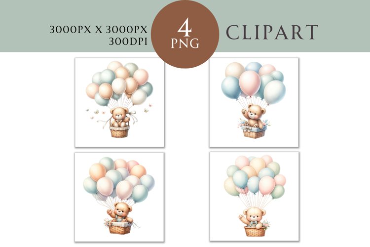 Teddy Bear and Balloons Clipart Watercolor PNG