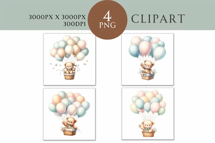 Teddy Bear and Balloons Clipart Watercolor PNG