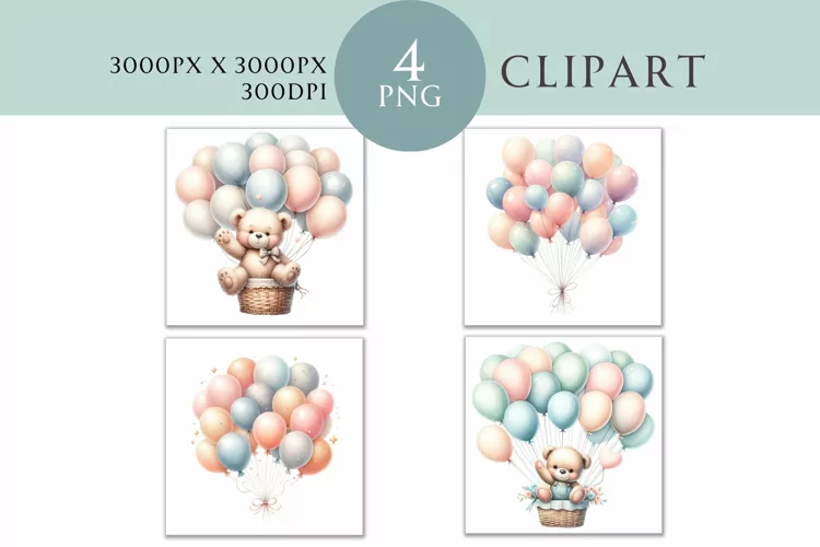 Teddy Bear and Balloons Clipart Watercolor PNG