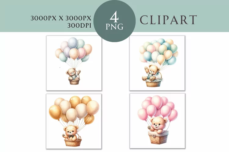 Teddy Bear and Balloons Clipart Watercolor PNG