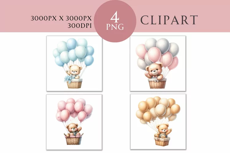 Teddy Bear and Balloons Clipart Watercolor PNG