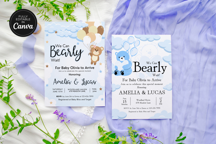 Printable Teddy Bear Baby Shower Invitation Canva Templates