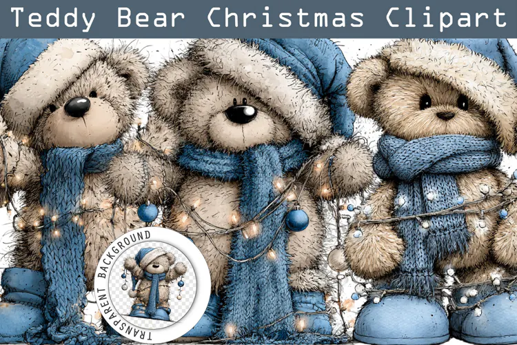 Blue Christmas Teddy Bear Clipart PNG | Whimsical Winter Png
