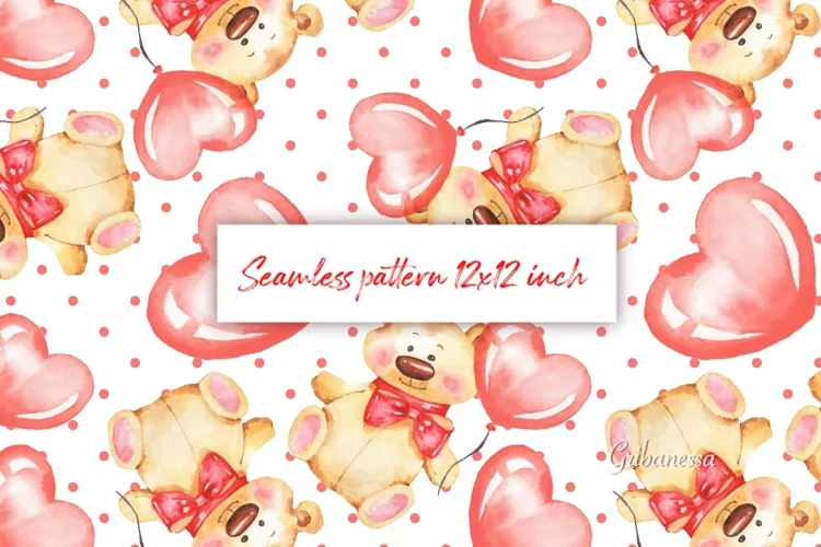 Watercolor Teddy Bear with Hearts Seamless Pattern