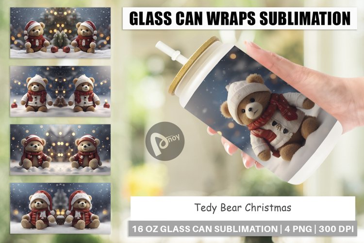 Glass Can Wraps Tedy Bear Christmas
