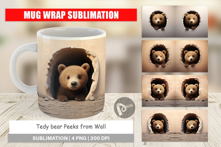 Mug Wrap Design Tedy bear Peeks from Wall