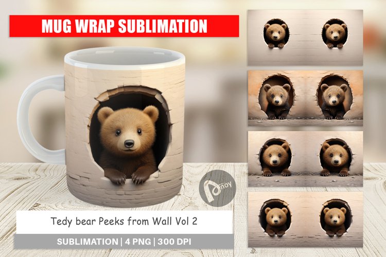 Mug Wrap Design Tedy bear Peeks from Wall