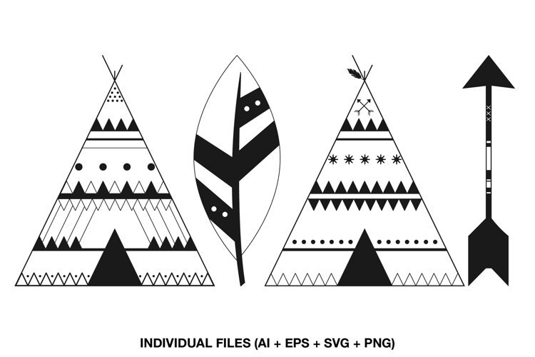 Four black tribal illustrations with teepees feather and arrow