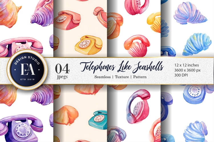 Seashell Telephone Cartoon Watercolor Pattern Digital Paper