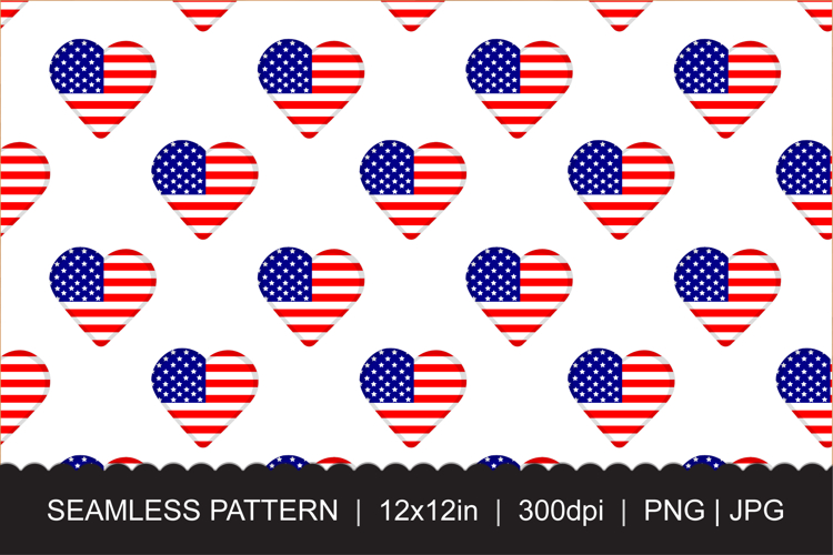 Seamless USA Flag Heart Pattern on Transparent Background