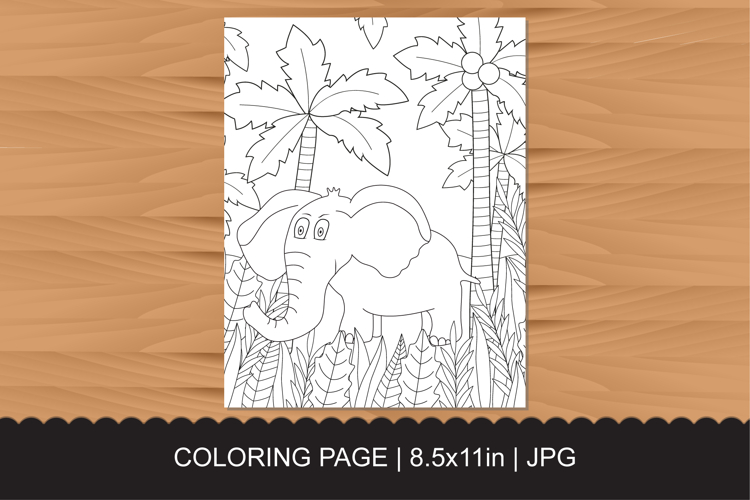 Cute Cartoon Elephant Coloring Page in Jungle with Palm Tree