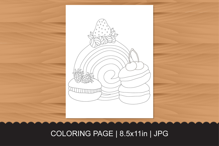 Sweet Dessert Coloring Page with Swiss Roll and Macarons